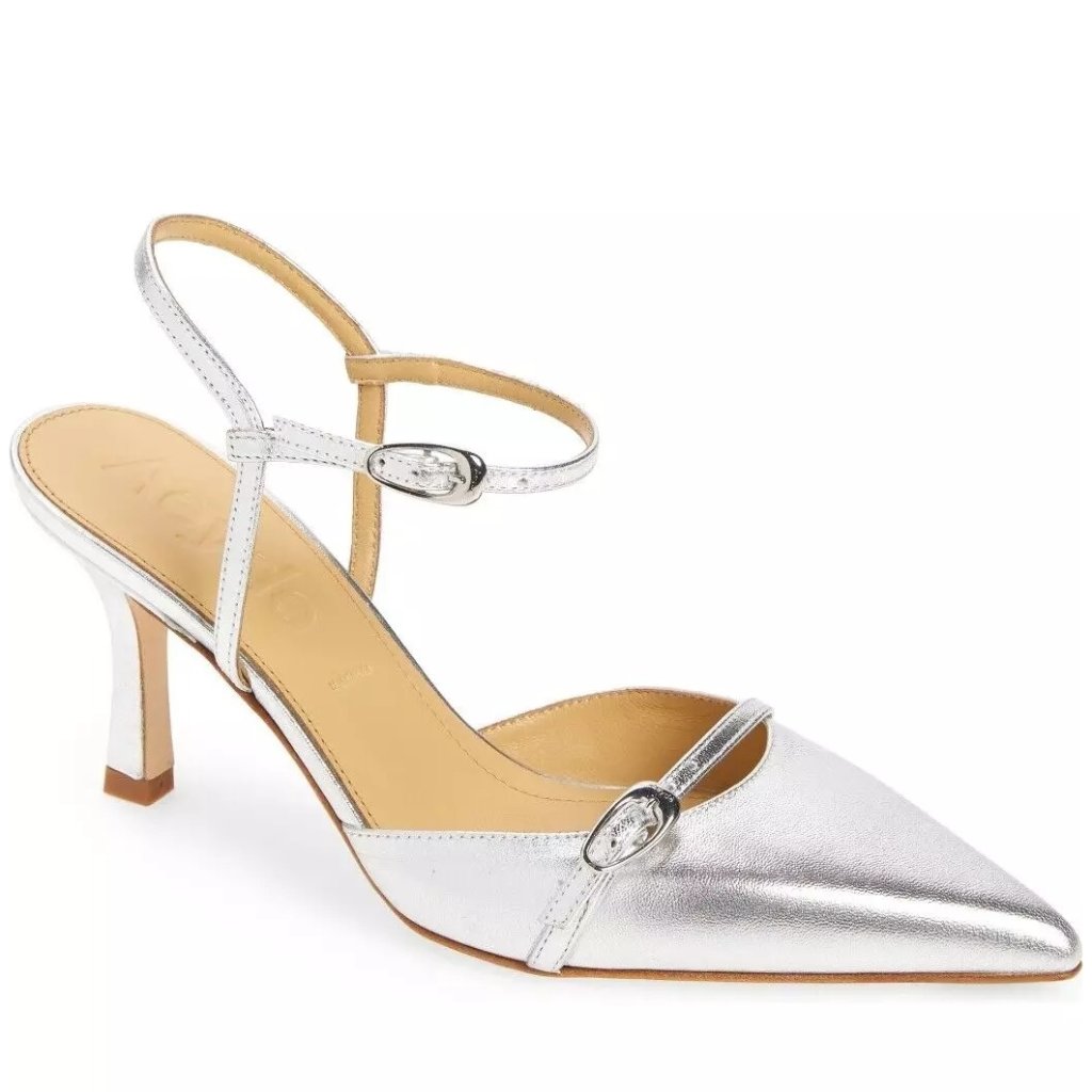 $430 Aeyde Marianna Pointed Toe Pump Strappy Leather Metallic Silver 38 (Db34)